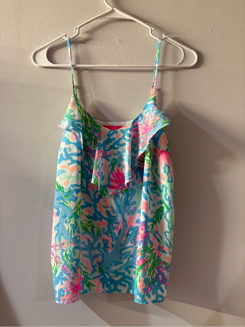 Lilly Pulitzer Vibrant Coral Reef Print Ruffle Cami - Blue Pink Green Size XS